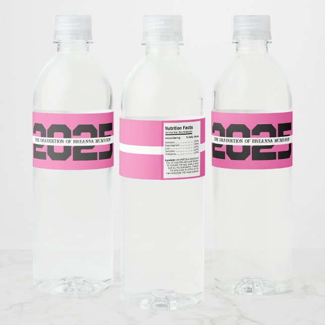 Hot Pink & Black Personalized Graduation Water Bottle Label (Creator Uploaded)