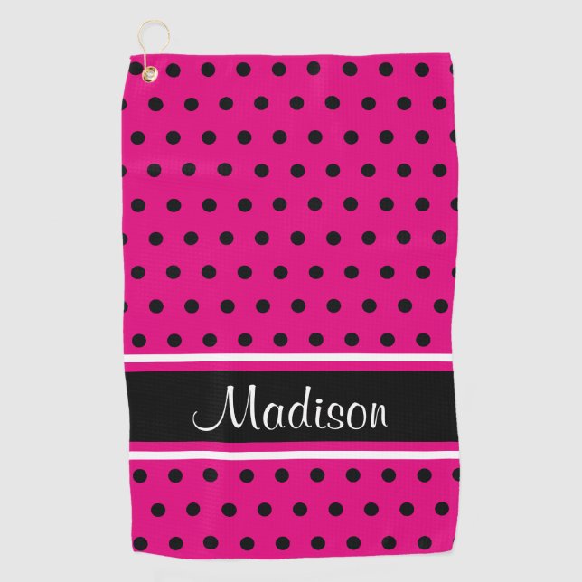 Hot Pink Black Polka Dot White Stripe Script Name Golf Towel (Front)