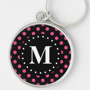 Hot Pink Black Polka Dots Monogram Keychain