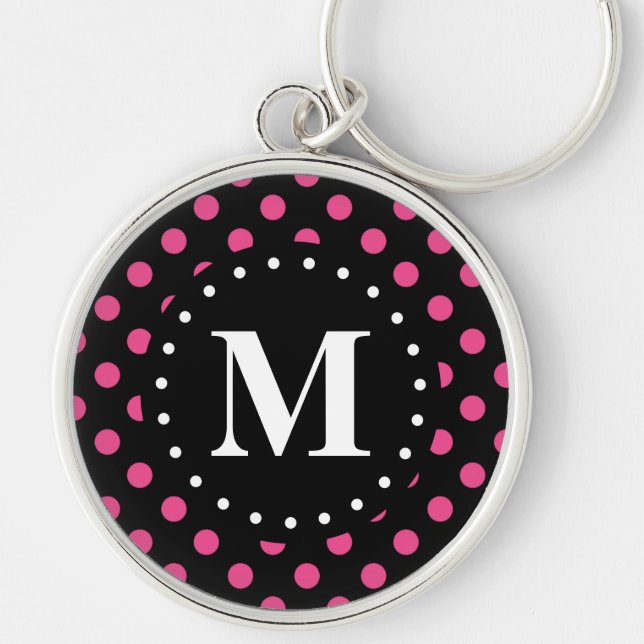 Hot Pink Black Polka Dots Monogram Keychain (Front)