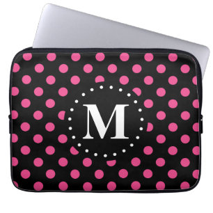 Hot Pink Black Polka Dots Monogram Laptop Sleeve