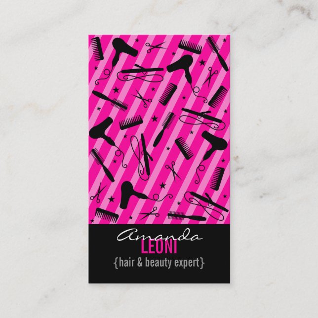 Hot Pink & Black Salon Tools Vertical Business Card (Front)