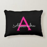 Hot Pink Black Script Girly Monogram Name Accent Pillow<br><div class="desc">Black and Hot Pink Script Monogram Name and Initial Pillow. The pillow makes the perfect sweet 16 birthday,  wedding,  bridal shower,  baby shower or bachelorette party gift for someone decorating her room in rose gold.</div>