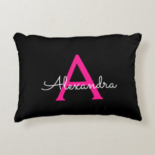 Hot Pink Black Script Girly Monogram Name Accent Pillow