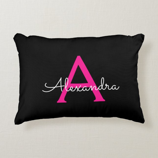 Hot Pink Black Script Girly Monogram Name Accent Pillow (Front)
