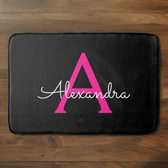 Hot Pink Black Script Girly Monogram Name Bath Mat (Creator Uploaded)