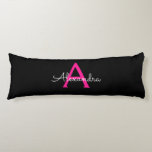 Hot Pink Black Script Girly Monogram Name Body Pillow<br><div class="desc">Black and Hot Pink Simple Script Monogram Name Body Pillow. The pillow makes the perfect sweet 16 birthday,  wedding,  bridal shower,  baby shower or bachelorette party gift for someone decorating her room in rose gold.</div>