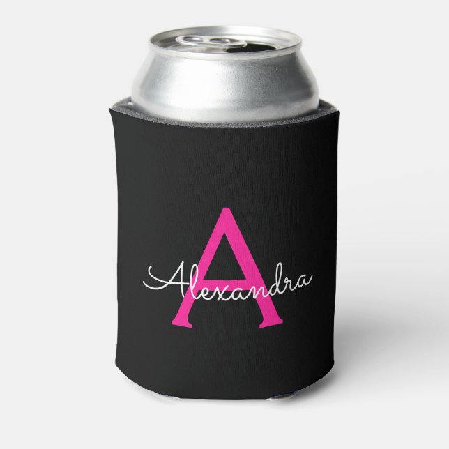 Hot Pink Black Script Girly Monogram Name Can Cooler (Can Back)