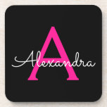 Hot Pink Black Script Girly Monogram Name Coaster<br><div class="desc">Black and Hot Pink Simple Script Monogram Name Paper Coasters. This makes the perfect graduation,  birthday,  wedding,  bridal shower,  anniversary,  baby shower or bachelorette party gift for someone that loves glam luxury and chic styles.</div>