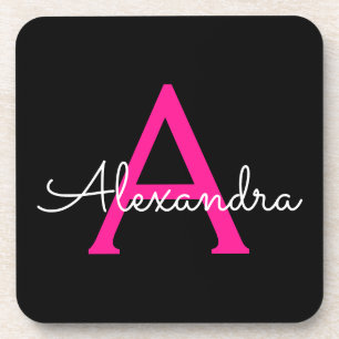 Hot Pink Black Script Girly Monogram Name Coaster