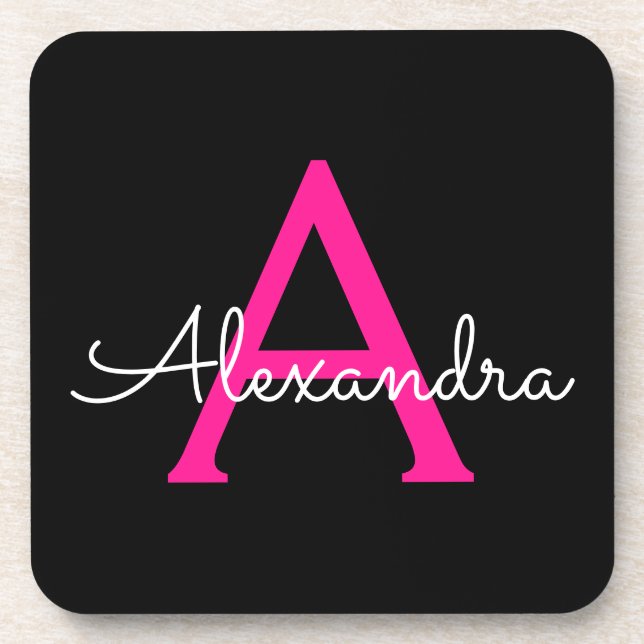 Hot Pink Black Script Girly Monogram Name Coaster (Front)