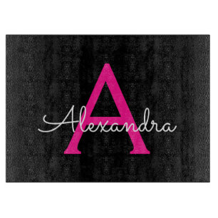 Hot Pink Black Script Girly Monogram Name Cutting Board