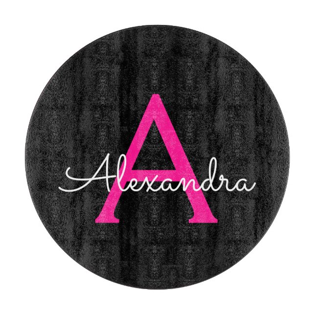 Hot Pink Black Script Girly Monogram Name Cutting Board (Front)