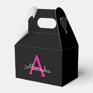 Hot Pink Black Script Girly Monogram Name Favor Box