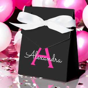 Hot Pink Black Script Girly Monogram Name Favor Box