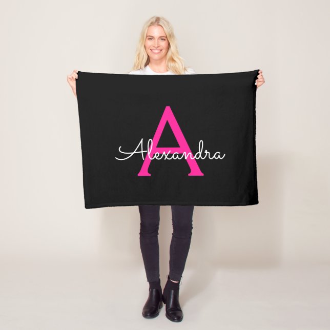 Hot Pink Black Script Girly Monogram Name Fleece Blanket (In Situ)