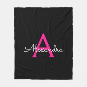 Hot Pink Black Script Girly Monogram Name Fleece Blanket