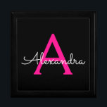 Hot Pink Black Script Girly Monogram Name Gift Box<br><div class="desc">Black and Hot Pink Simple script Monogram Name Jewellery Keepsake Box. This makes the perfect graduation,  birthday,  wedding,  bridal shower,  anniversary,  baby shower or bachelorette party gift for someone that loves glam luxury and chic styles.</div>