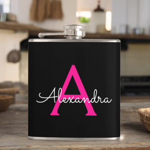 Hot Pink Black Script Girly Monogram Name Hip Flask