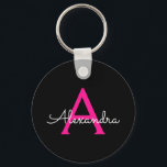 Hot Pink Black Script Girly Monogram Name Keychain<br><div class="desc">Black and Hot Pink Simple Script Monogram Name Keychains (Key Chain). This makes the perfect sweet 16 birthday,  wedding,  bridal shower,  anniversary,  baby shower or bachelorette party gift for someone that loves glam luxury and chic styles.</div>