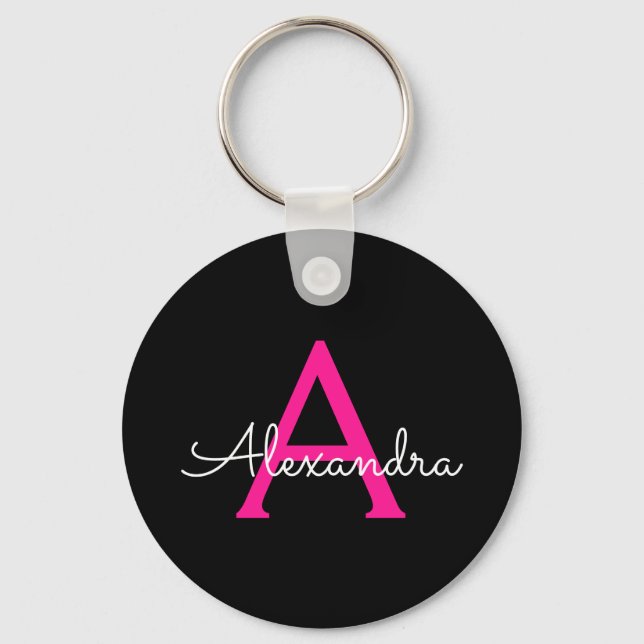 Hot Pink Black Script Girly Monogram Name Keychain (Front)