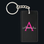 Hot Pink Black Script Girly Monogram Name Keychain<br><div class="desc">Black and Hot Pink Simple Script Monogram Name Keychain. This makes the perfect sweet 16 birthday,  wedding,  bridal shower,  anniversary,  baby shower or bachelorette party gift for someone that loves glam luxury and chic styles.</div>