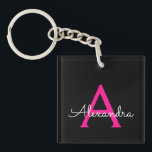 Hot Pink Black Script Girly Monogram Name Keychain<br><div class="desc">Black and Hot Pink Simple Script Monogram Name Keychain. This makes the perfect sweet 16 birthday,  wedding,  bridal shower,  anniversary,  baby shower or bachelorette party gift for someone that loves glam luxury and chic styles.</div>