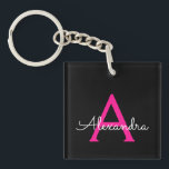 Hot Pink Black Script Girly Monogram Name Keychain<br><div class="desc">Black and Hot Pink Simple Script Monogram Name Keychain. This makes the perfect sweet 16 birthday,  wedding,  bridal shower,  anniversary,  baby shower or bachelorette party gift for someone that loves glam luxury and chic styles.</div>