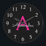 Hot Pink Black Script Girly Monogram Name Large Clock<br><div class="desc">Hot Pink and Black Simple Script Monogram Name Clock. This makes the perfect sweet 16 birthday,  wedding,  bridal shower,  anniversary,  baby shower or bachelorette party gift for someone that loves glam luxury and chic styles.</div>