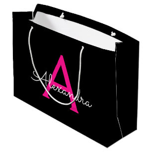 Hot Pink Black Script Girly Monogram Name Large Gift Bag