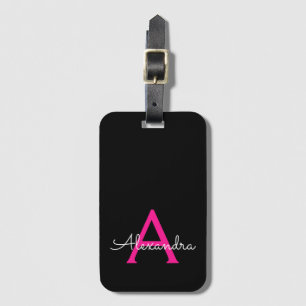 Hot Pink Black Script Girly Monogram Name Luggage Tag