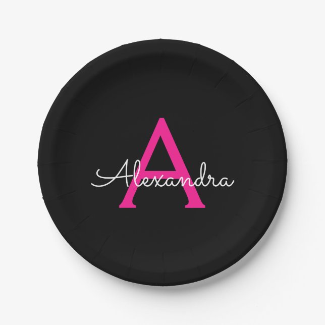 Hot Pink Black Script Girly Monogram Name Paper Plate (Front)