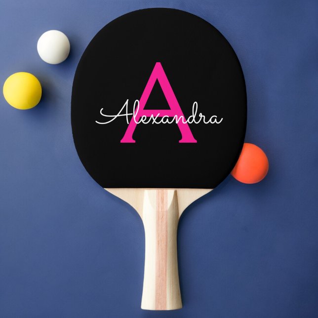 Hot Pink Black Script Girly Monogram Name Ping Pong Paddle (Creator Uploaded)