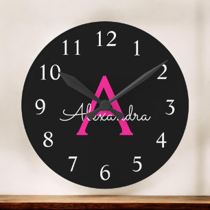 Hot Pink Black Script Girly Monogram Name Round Clock