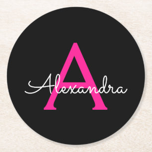 Hot Pink Black Script Girly Monogram Name Round Paper Coaster