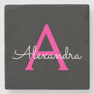 Hot Pink Black Script Girly Monogram Name Stone Coaster