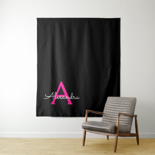 Hot Pink Black Script Girly Monogram Name Tapestry
