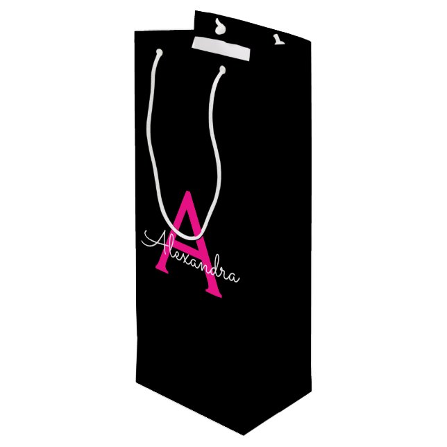 Hot Pink Black Script Girly Monogram Name Wine Gift Bag (Back Angled)