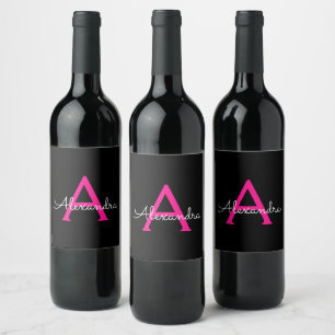 Hot Pink Black Script Girly Monogram Name Wine Label