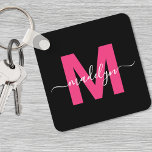 Hot Pink Black Script Name Monogram Keychain<br><div class="desc">Create Your Own Stylish Modern Custom Black and Pink Monogram Square Keychain. This sleek square keychain brings a modern and personalized touch to your everyday essentials. The design features a bold hot pink monogram initial centred on a solid black background, with your name in elegant white script layered across it....</div>