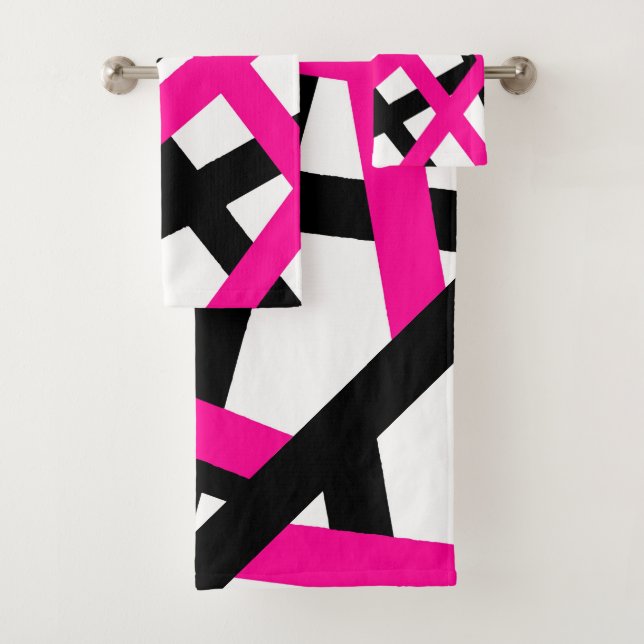 Hot Pink Black Stripe Geometric  Bath Towel Set (Insitu)
