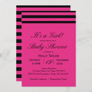 Hot Pink & Black Stripes Baby Shower Invitation