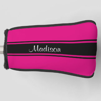 Hot Pink Black Stripes Name Script Monogram Golf Head Cover