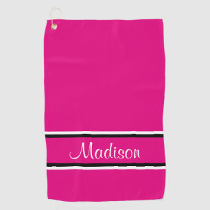 Hot Pink Black Stripes Script Name Golf Towel