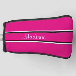 Hot Pink Black Stripes Script Name Monogram Golf Head Cover