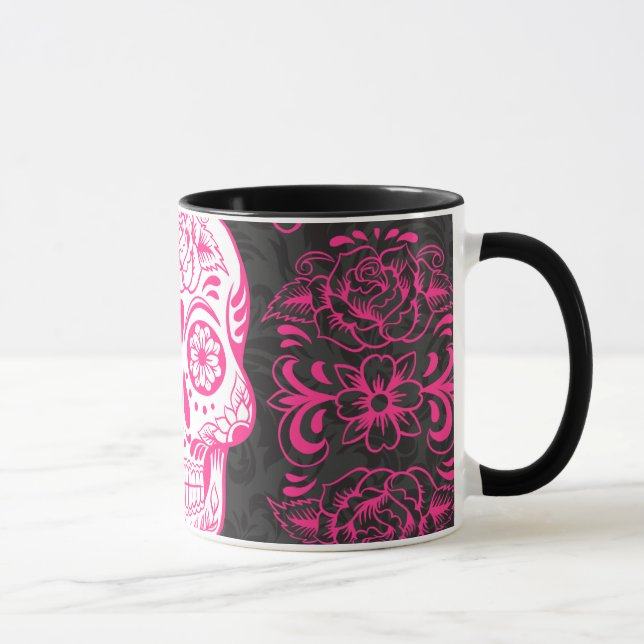 Hot Pink Black Sugar Skull Roses Gothic Grunge Mug (Right)
