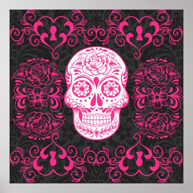 Hot Pink Black Sugar Skull Roses Gothic Grunge Poster (Front)