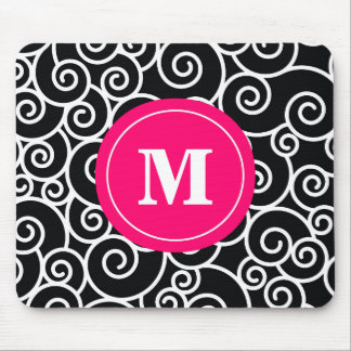 Hot Pink Black Swirl Monogram Mouse Pad. Mouse Pad