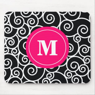 Hot Pink Black Swirl Monogram Mouse Pad. Pad