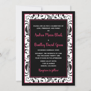 Hot Pink, Black, & White Floral Wedding Invitation
